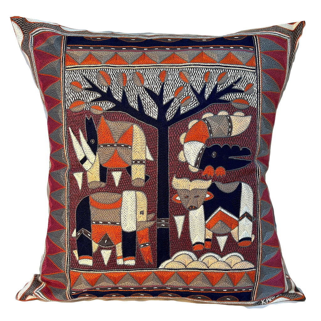 Ruby Sunset Animals under a Thorntree Hand-Embroidered Cushion Cover