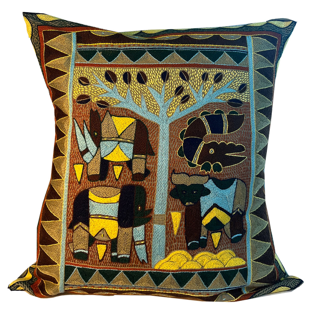 Mopani Moments Animals under a Thorntree Hand-Embroidered Cushion Cover