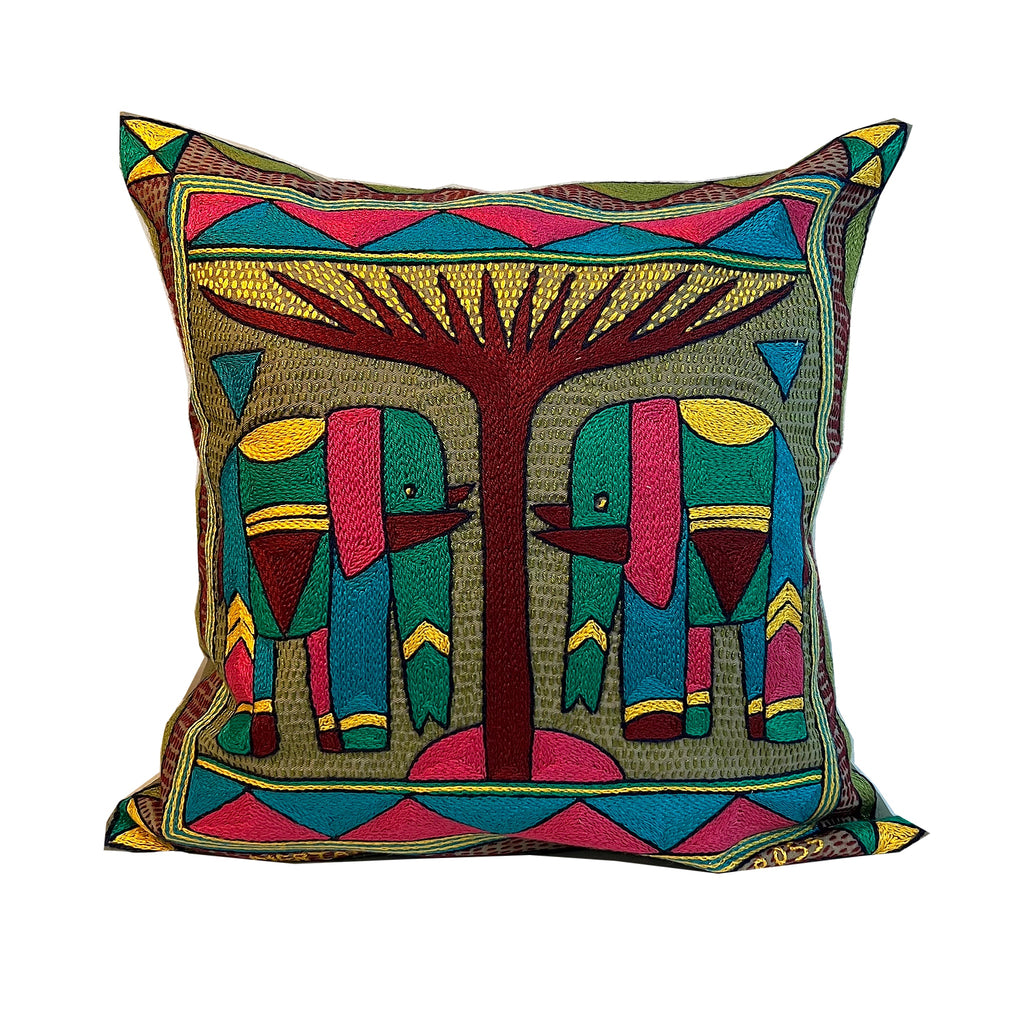 Shangaan Love Elephant Pair Hand-Embroidered  Cushion Cover