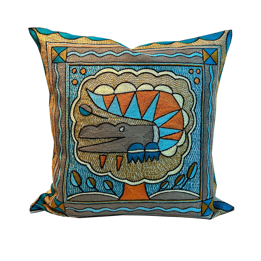 Coastal Calm Crocodile Hand-Embroidered Cushion Cover