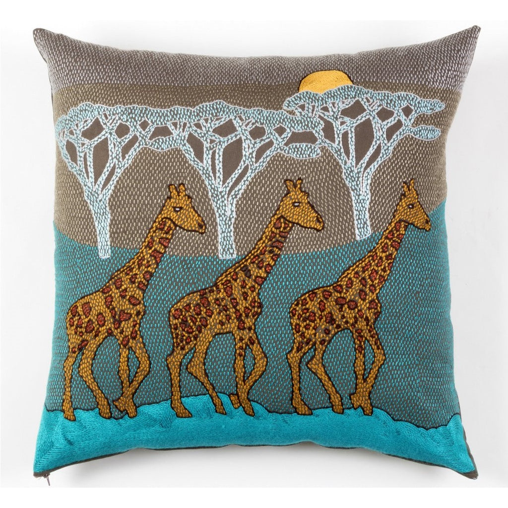 Tashas Giraffe Brothers in the Sunset Hand-Embroidered Cushion Cover