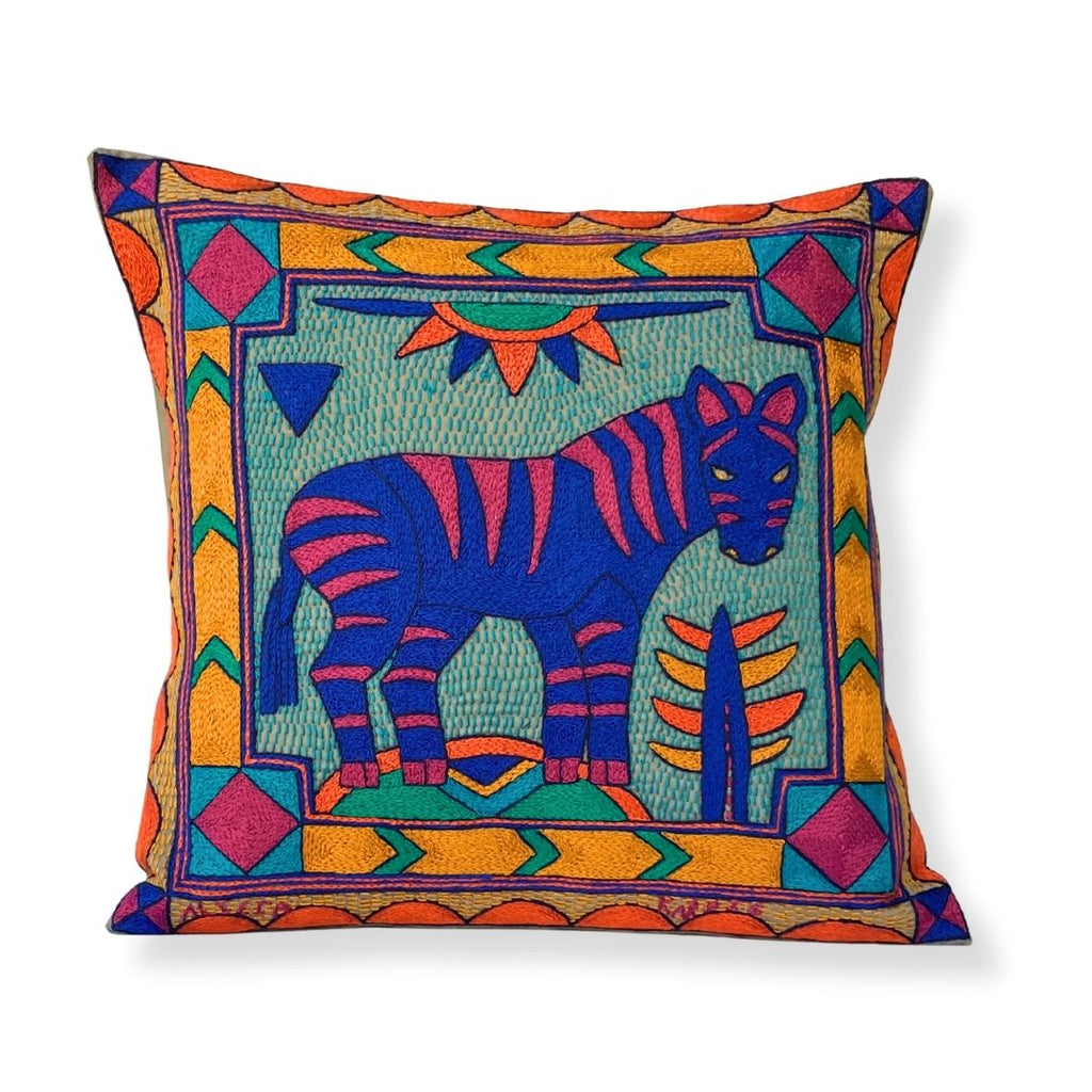 Marula’s in Autumn Zebra Hand-Embroidered Cushion Cover