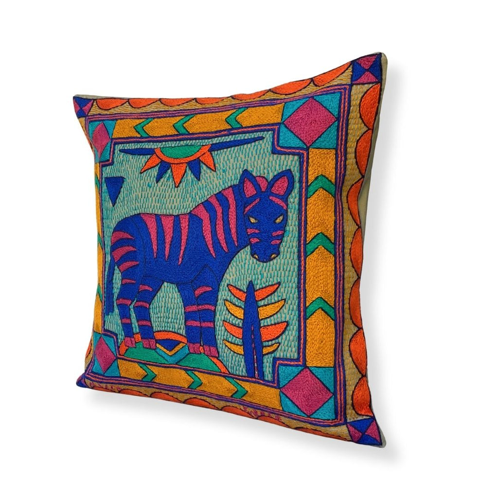 Marula’s in Autumn Zebra Hand-Embroidered Cushion Cover
