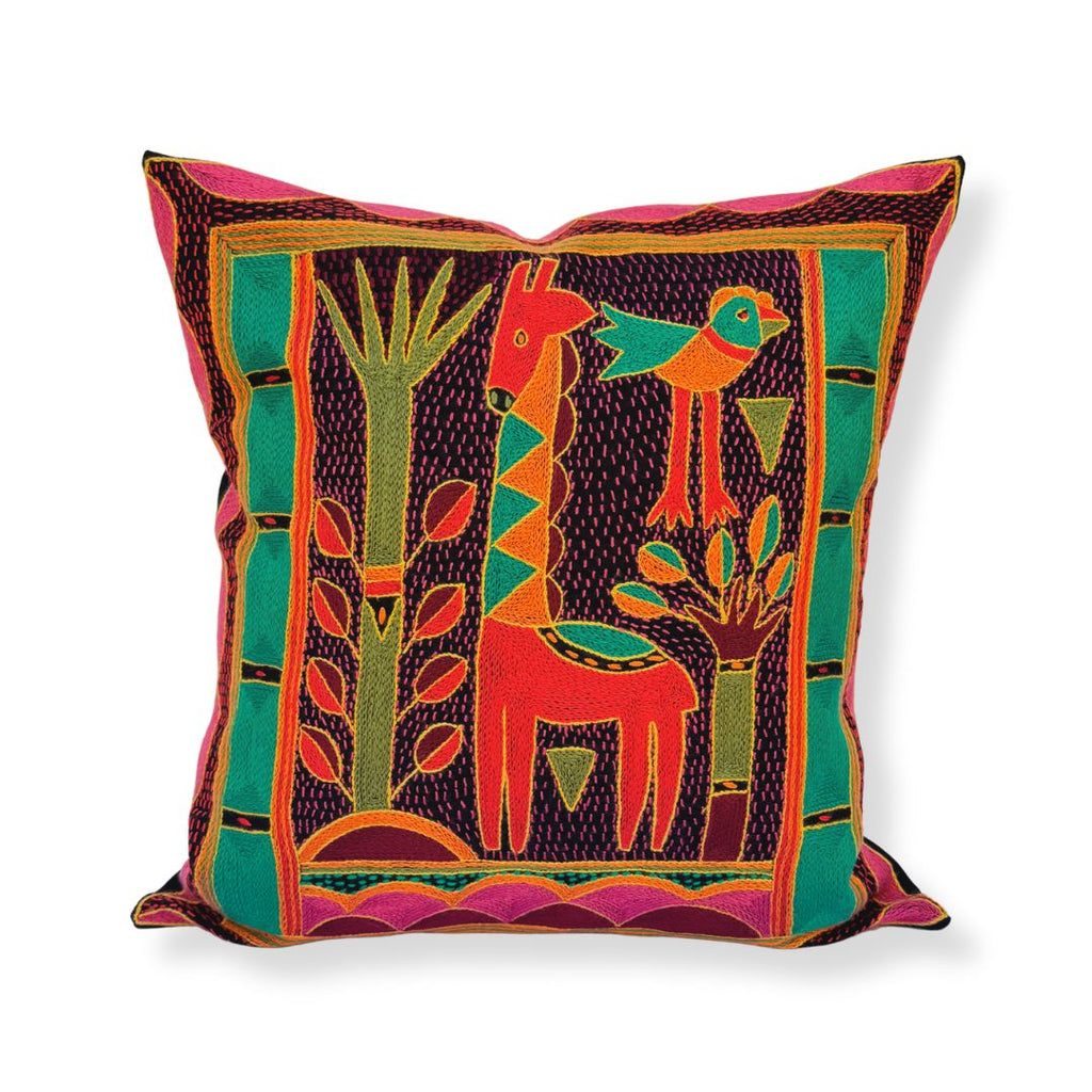 Shangaan Love Giraffe Grazing Hand-Embroidered Cushion Cover
