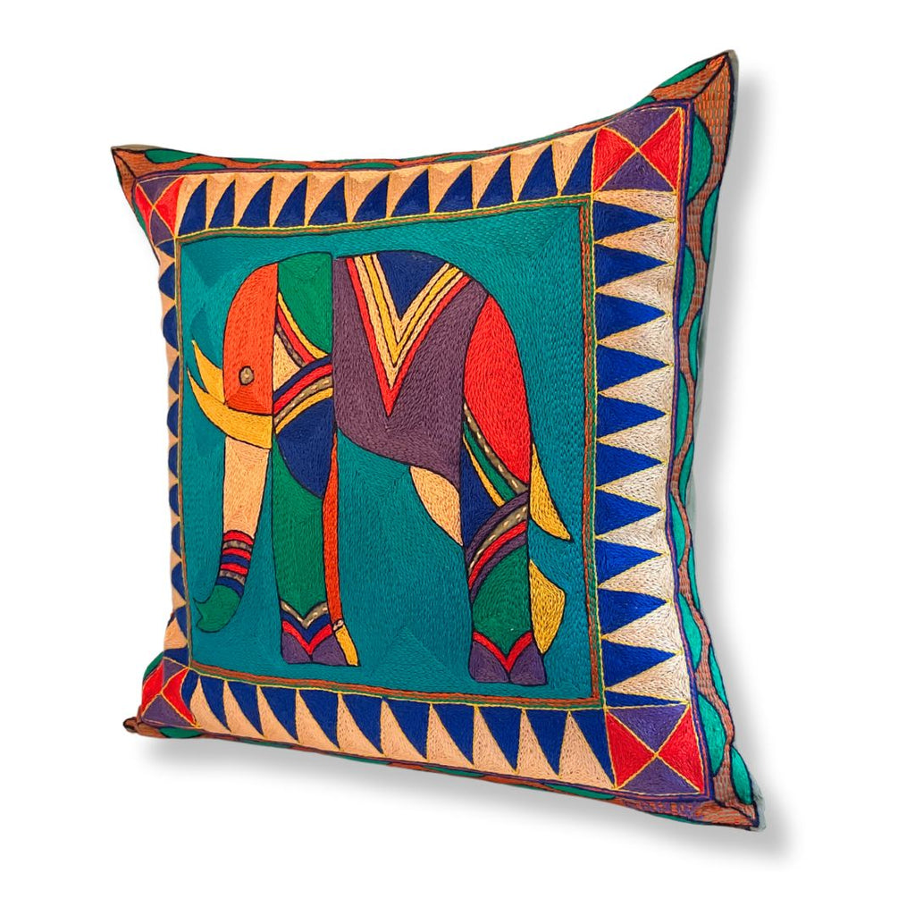 Happy Days Large Elephant Large Hand-Embroidered Cushion Cover