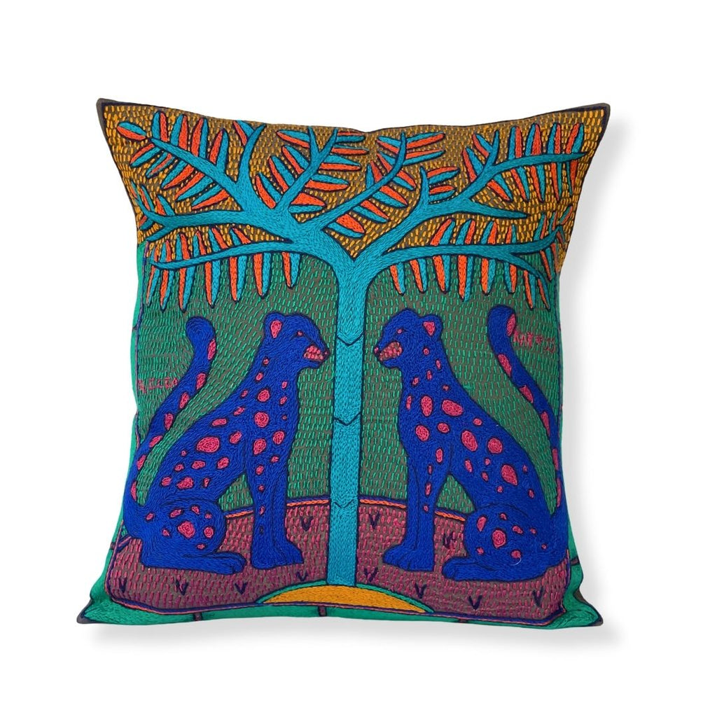 Marula’s in Autumn Leopard Pair Hand-Embroidered Cushion Cover