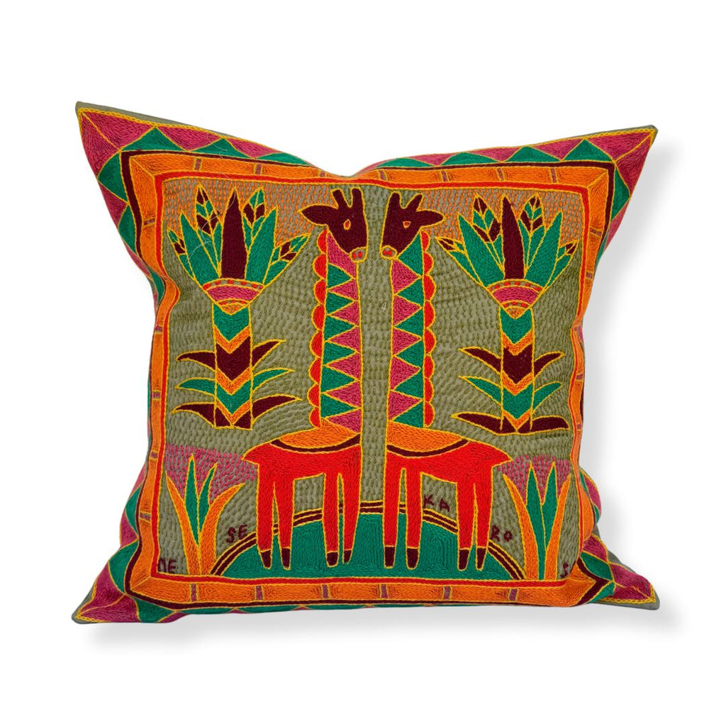 Shangaan Love Giraffe Brothers Hand-Embroidered Cushion Cover