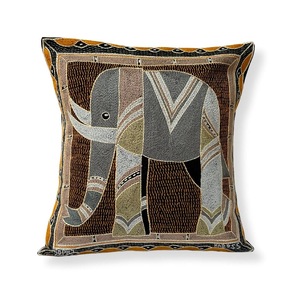 Ode to the African Savannah Large Elephant Hand-Embroidered Cushion Cover