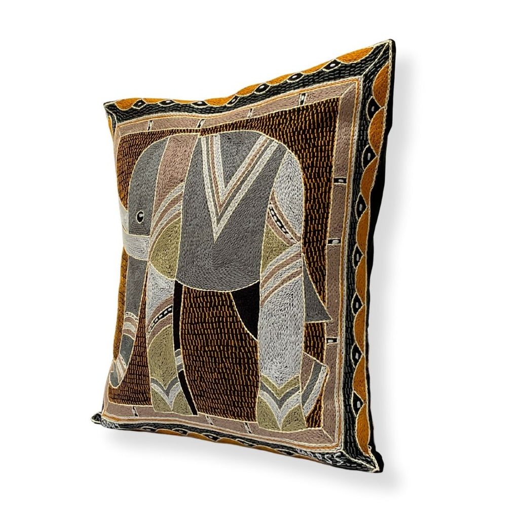 Ode to the African Savannah Large Elephant Hand-Embroidered Cushion Cover