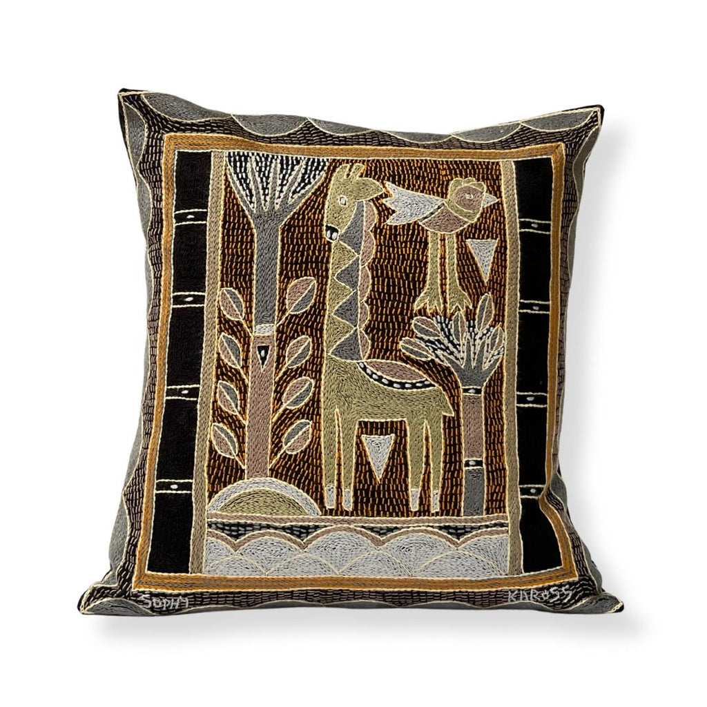 Ode to the African Savannah Giraffe Standing Hand-Embroidered Cushion Cover