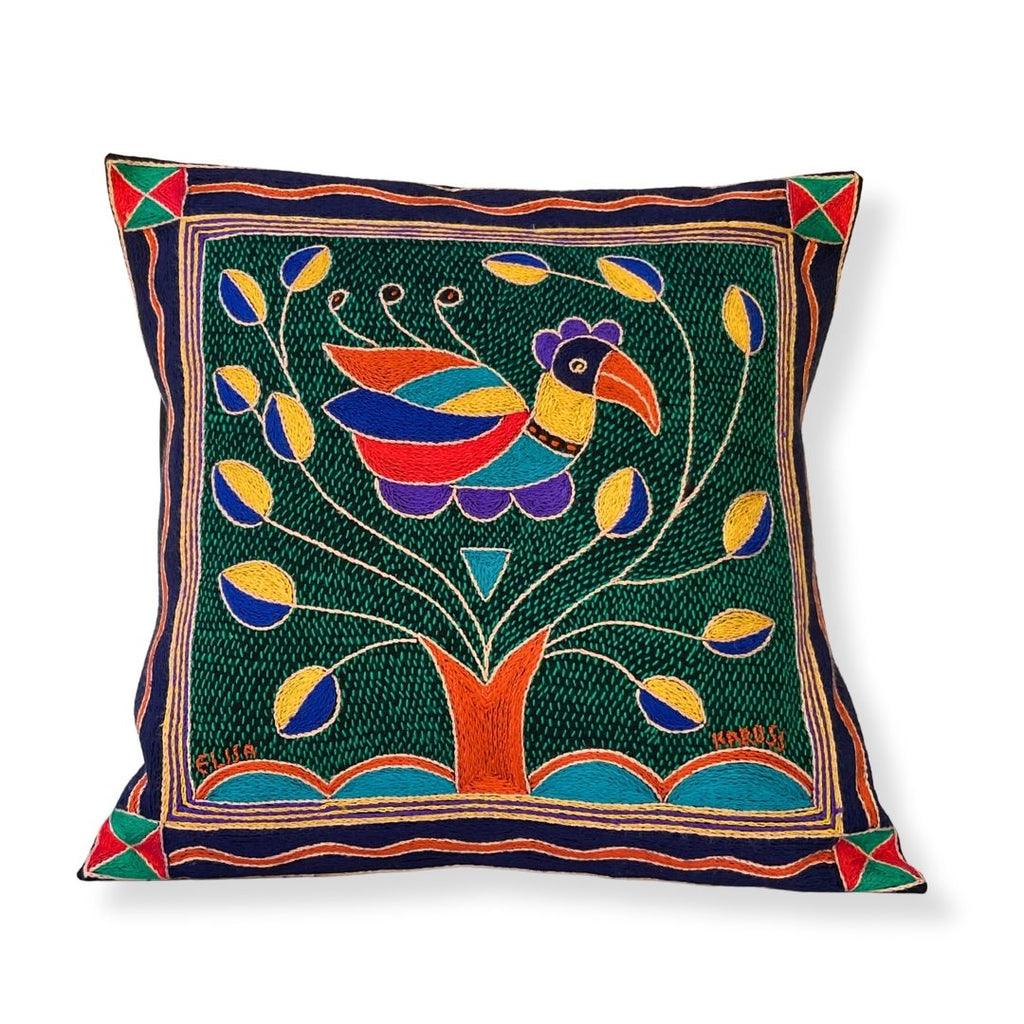 Happy Days Bird in Bush Hand-Embroidered Cushion Cover