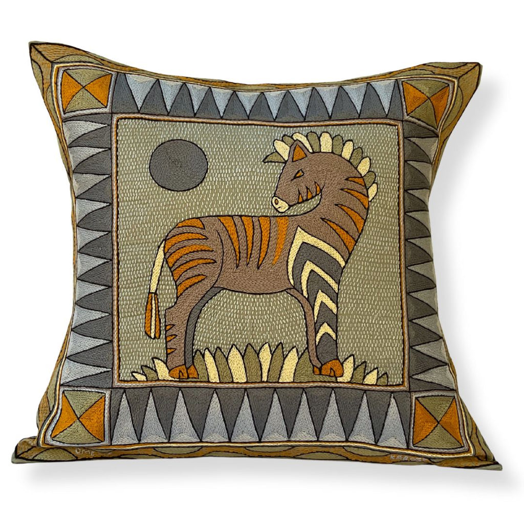 Ode to the African Savannah Zebra Sunset Hand-Embroidered Cushion
