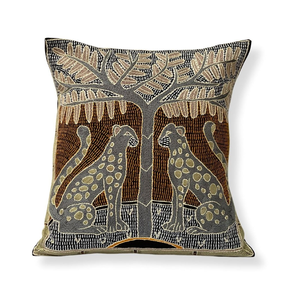 Ode to the African Savannah Leopard Pair Hand-Embroidered Cushion Cover