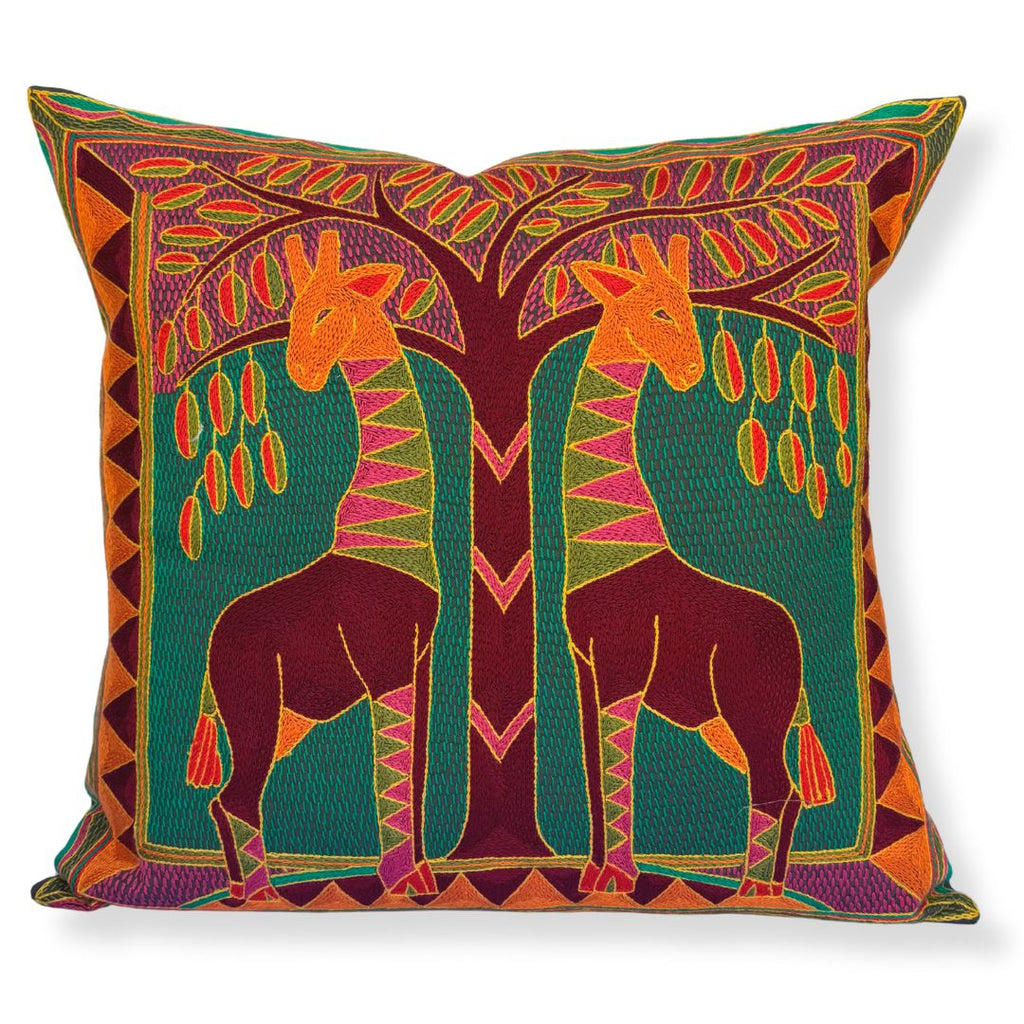Shangaan Love Giraffes Grazing Large Hand-Embroidered Cushion Cover