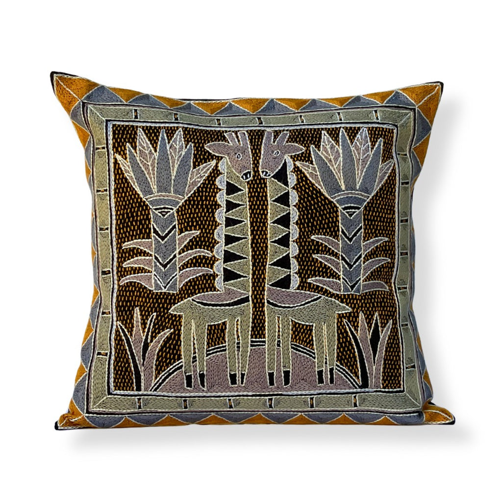 Ode to the African Savannah Giraffe Brothers Hand-Embroidered Cushion Cover