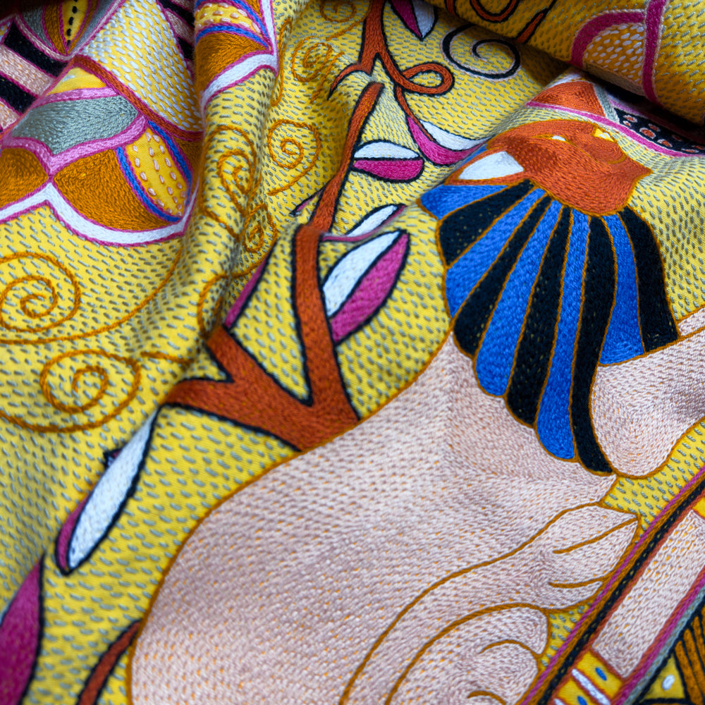 An African Bloom Scene Hand-Embroidered Cloth