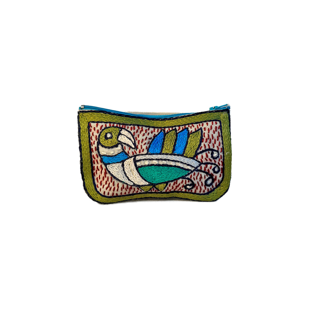 Turaco Bird Hand-Embroidered zip pouch small