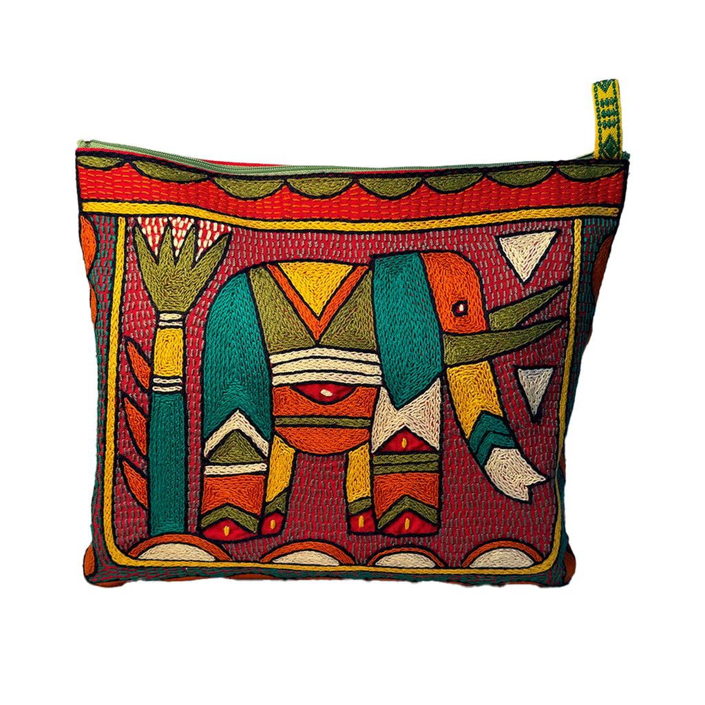 Bushveld Lush Elephant Hand-Embroidered Large Zip Pouch