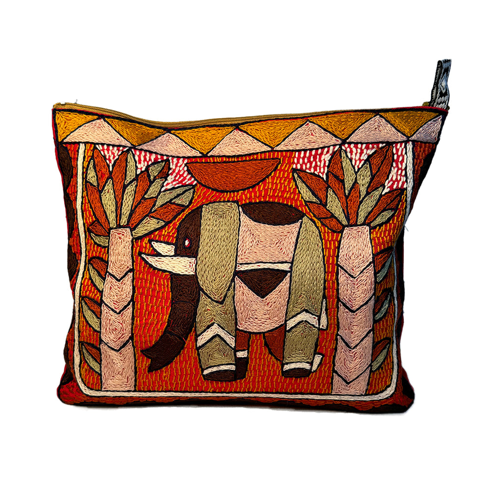 Namib Rust Elephant Hand-Embroidered Large Zip Pouch