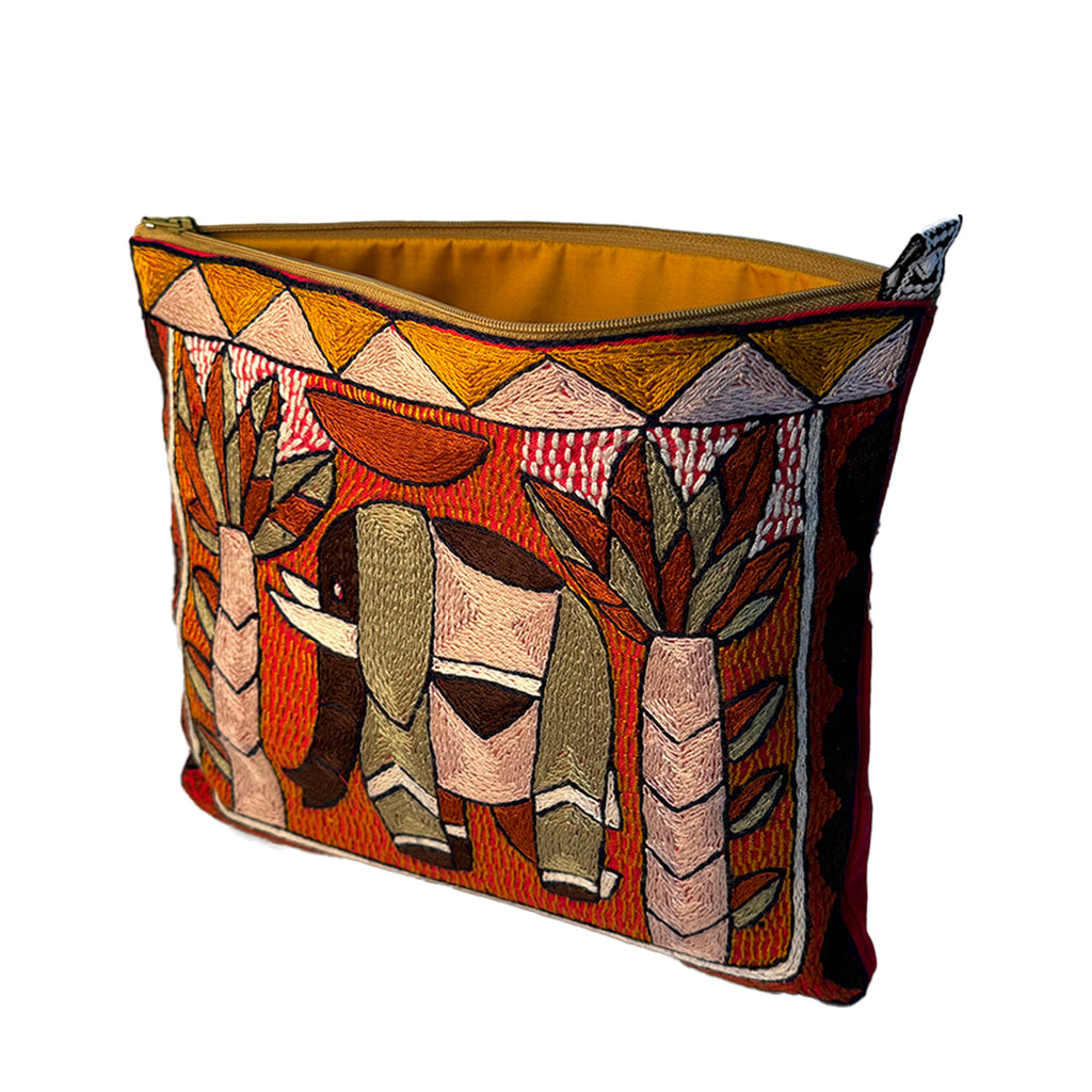 Namib Rust Elephant Hand-Embroidered Large Zip Pouch