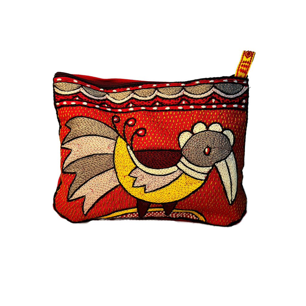 African Dawn Bird Hand-Embroidered Medium Zip Pouch