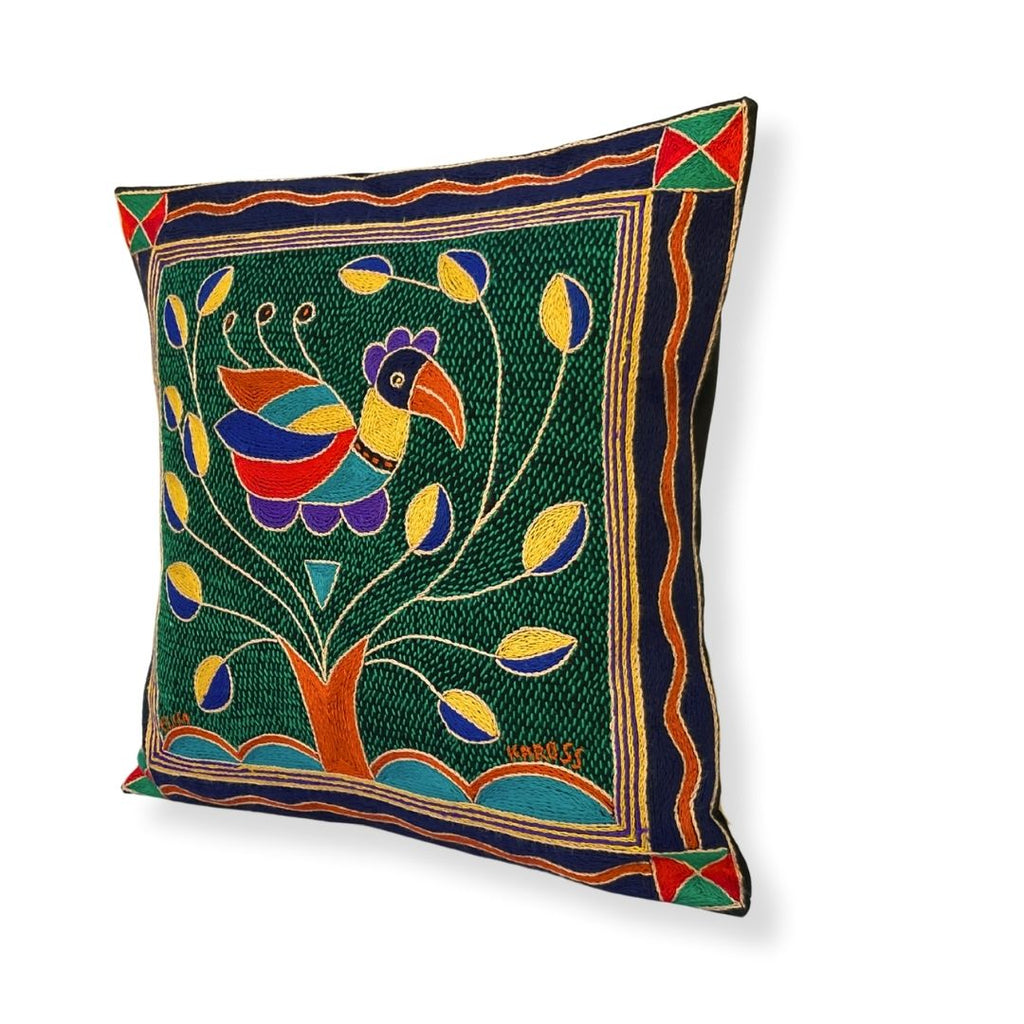Happy Days Bird in Bush Hand-Embroidered Cushion Cover