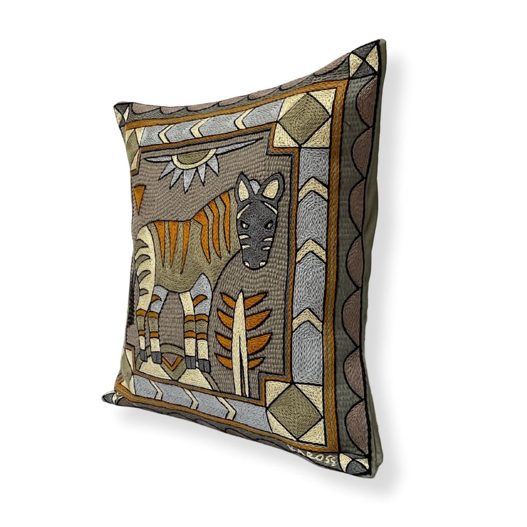 Ode to the African Savannah Zebra Hand-Embroidered Cushion Cover