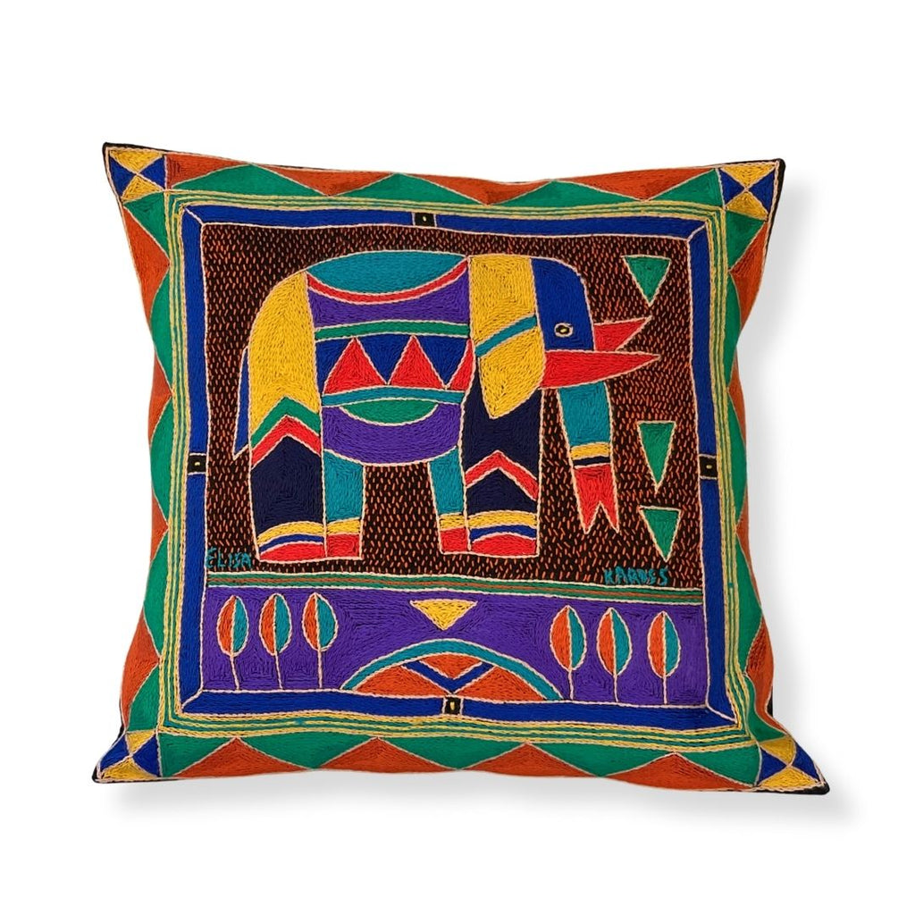 Happy Days Elephant Bull Hand-Embroidered Cushion Cover