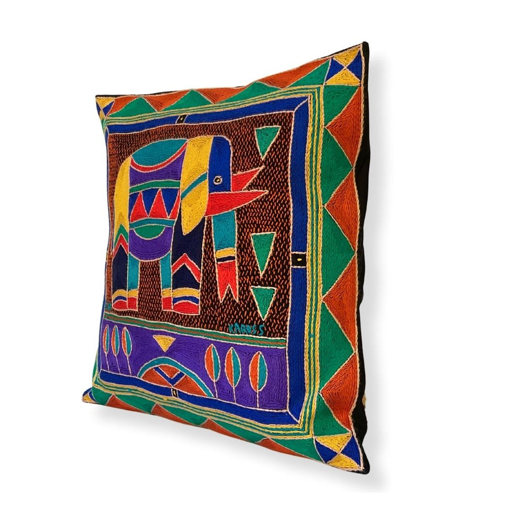 Happy Days Elephant Bull Hand-Embroidered Cushion Cover