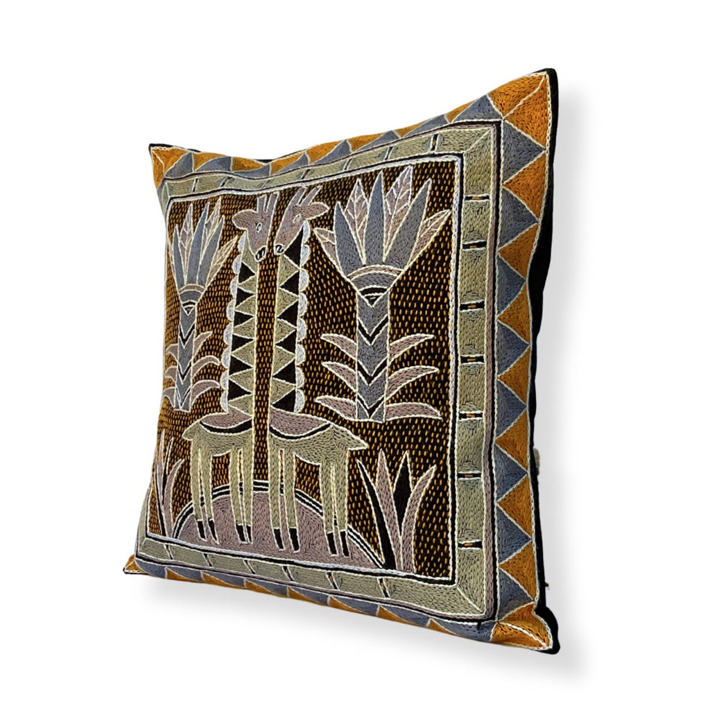 Ode to the African Savannah Giraffe Brothers Hand-Embroidered Cushion Cover