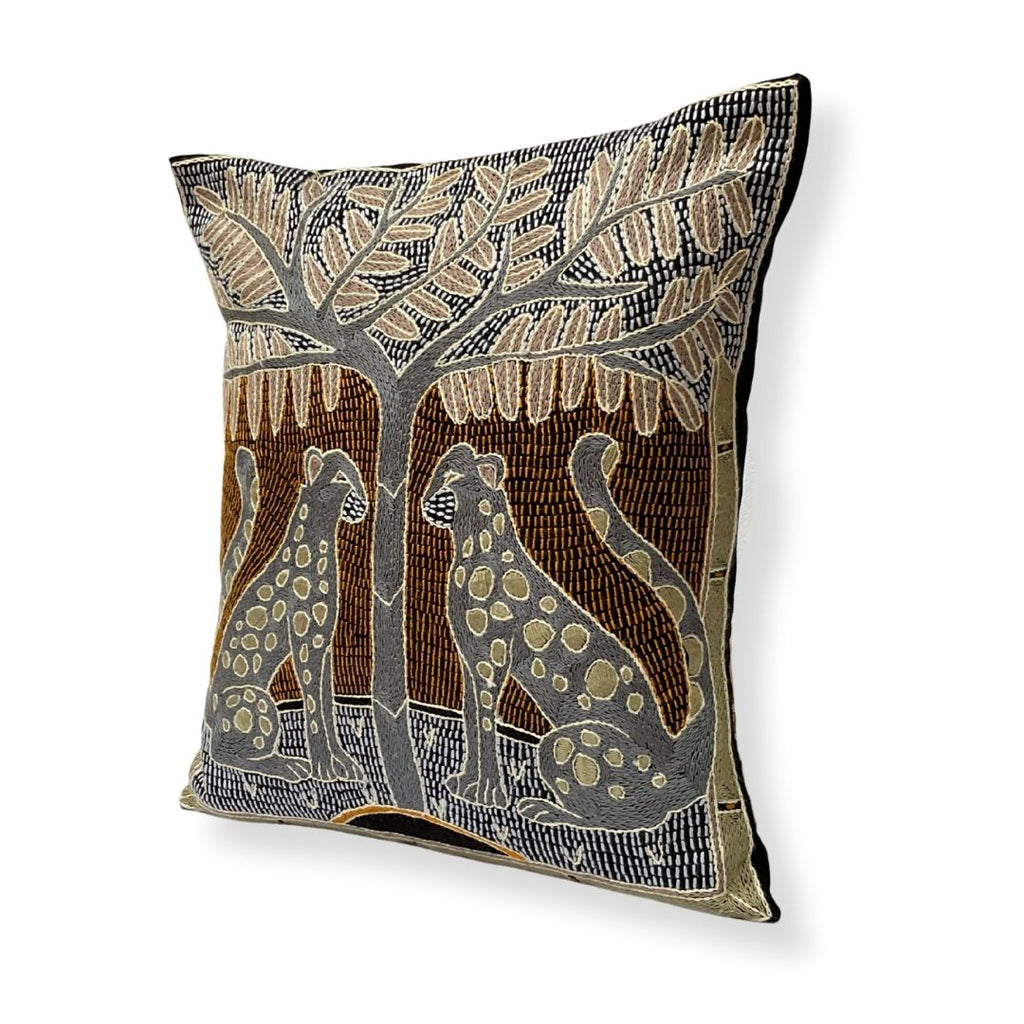Ode to the African Savannah Leopard Pair Hand-Embroidered Cushion Cover