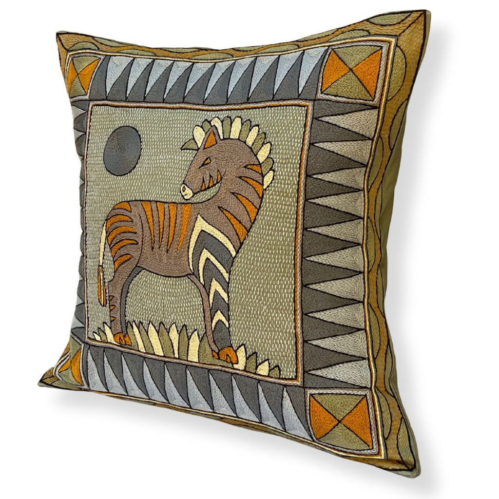 Ode to the African Savannah Zebra Sunset Hand-Embroidered Cushion