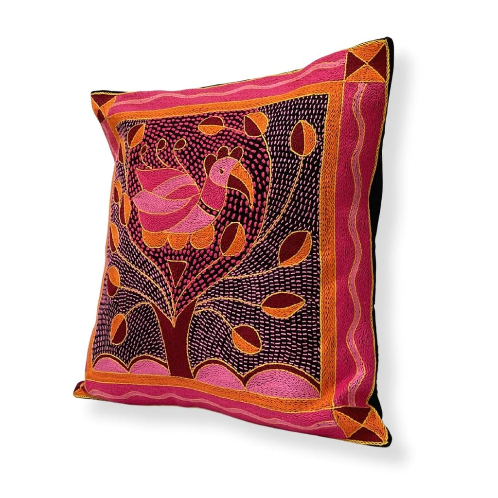 Shangaan Love Bird In a Bush Hand-Embroidered Cushion Cover
