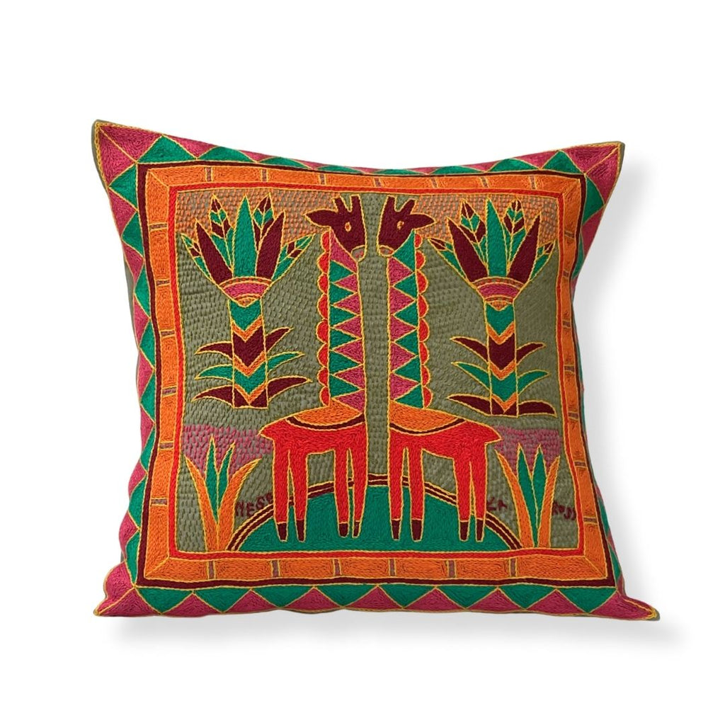 Shangaan Love Giraffe Brothers Hand-Embroidered Cushion Cover