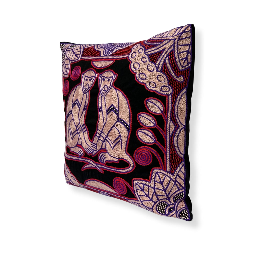 Happy Days Vervet Monkeys in Bloom Hand-Embroidered Cushion Cover