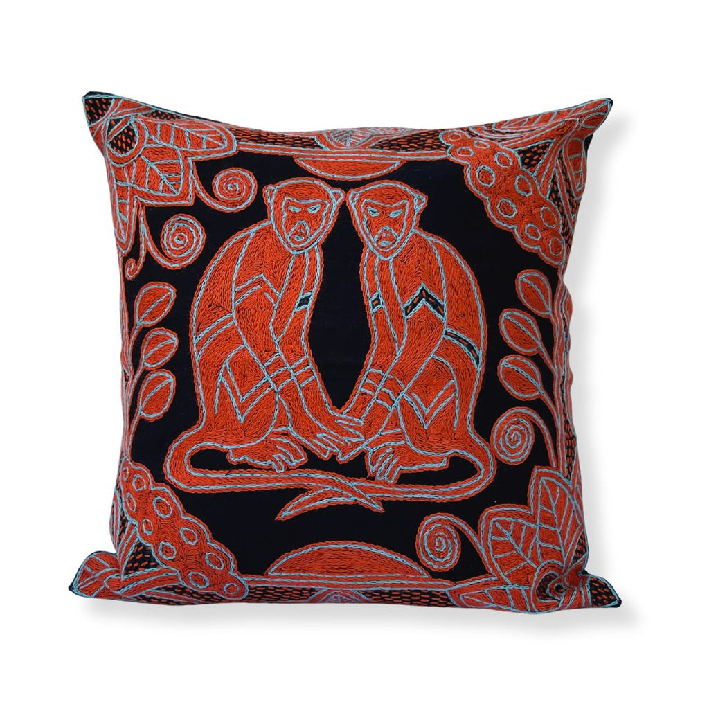 Valencia Monkeys in Bloom Hand-Embroidered Cushion Cover