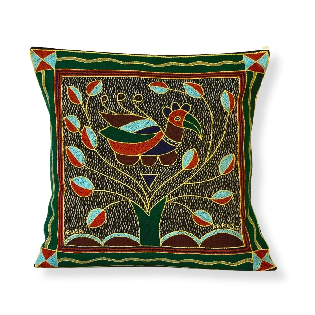 Mopani Moments Bird in Bush Hand-Embroidered  Cushion Cover