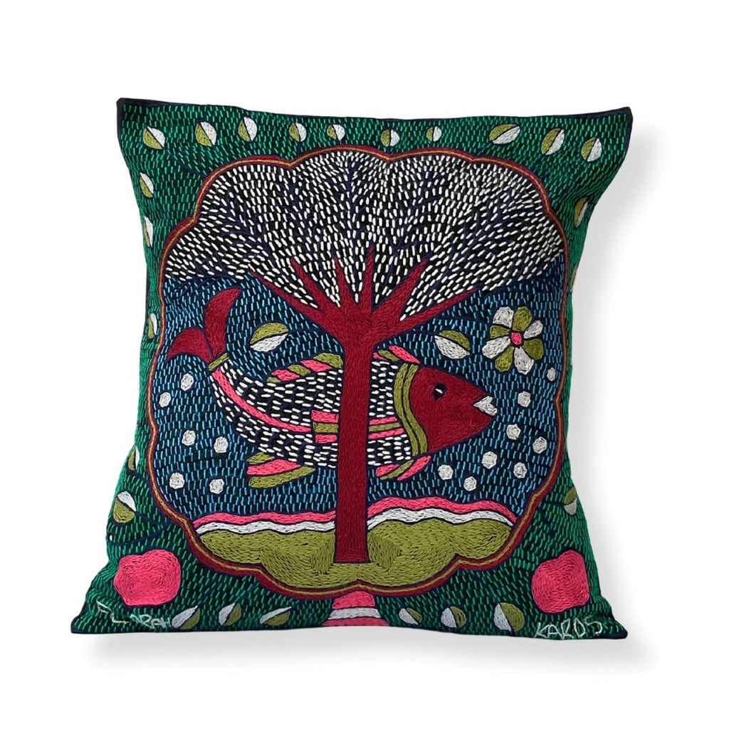 Turaco Fish in a Cloud Hand-Embroidered Cushion Cover