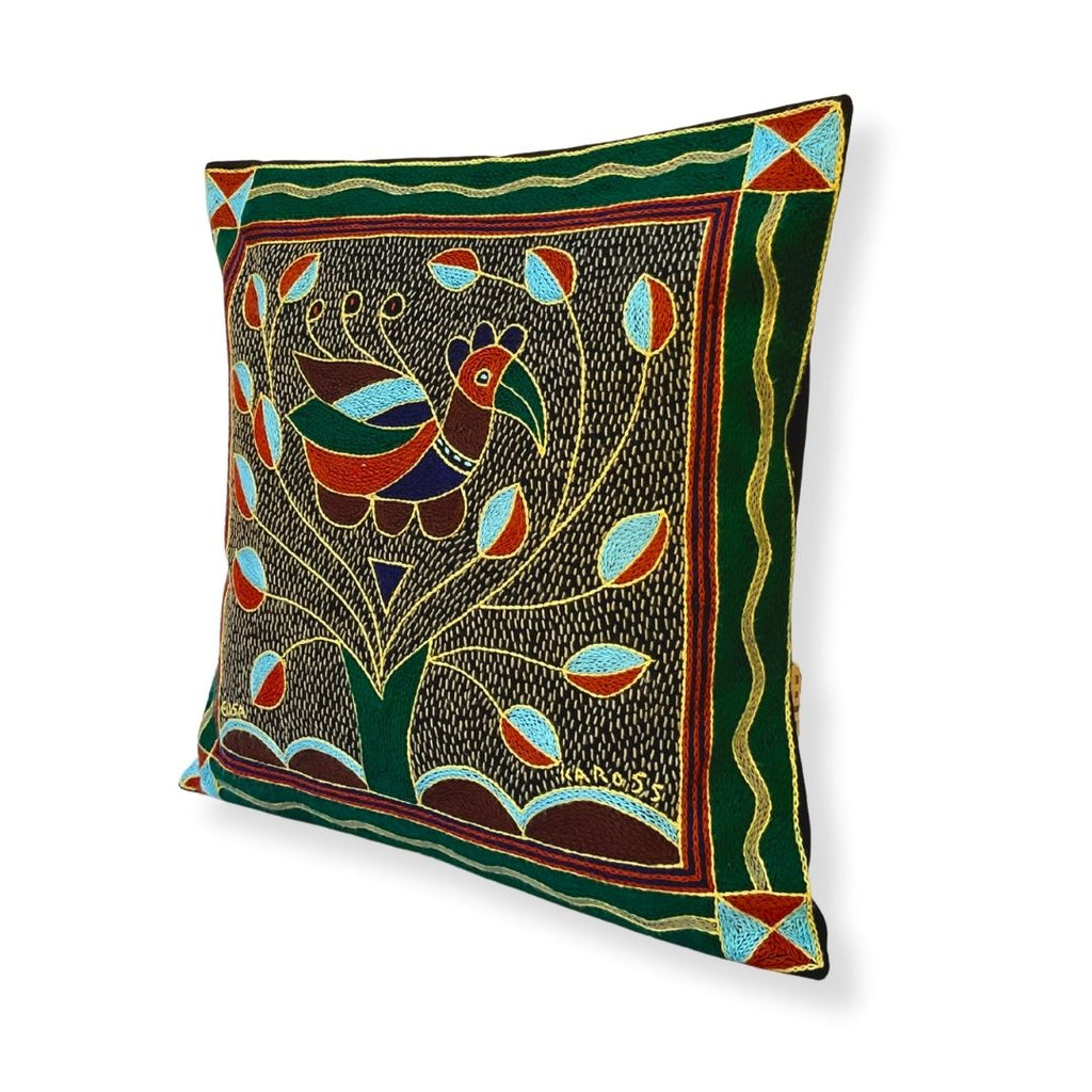 Mopani Moments Bird in Bush Hand-Embroidered  Cushion Cover