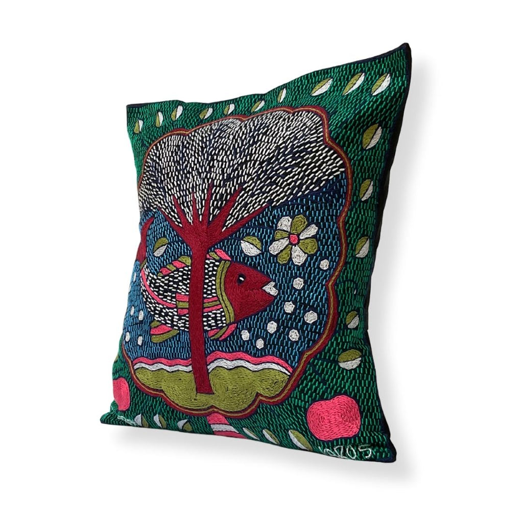 Turaco Fish in a Cloud Hand-Embroidered Cushion Cover