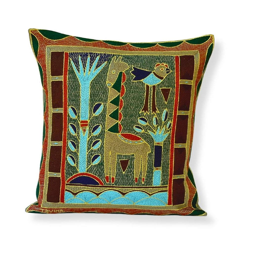 Mopani Moments Giraffe Grazing Hand-Embroidered Cushion Cover