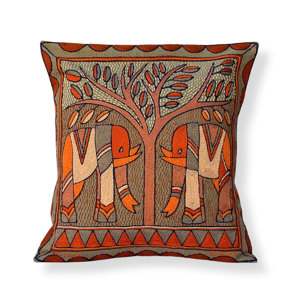 Valencia Elephant Pair Hand-Embroidered Cushion Cover