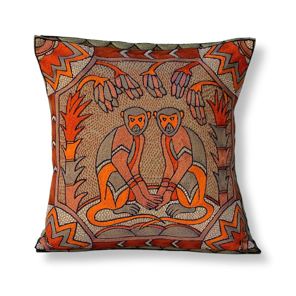 Valencia Vervet Monkeys Hand-Embroidered Cushion Cover