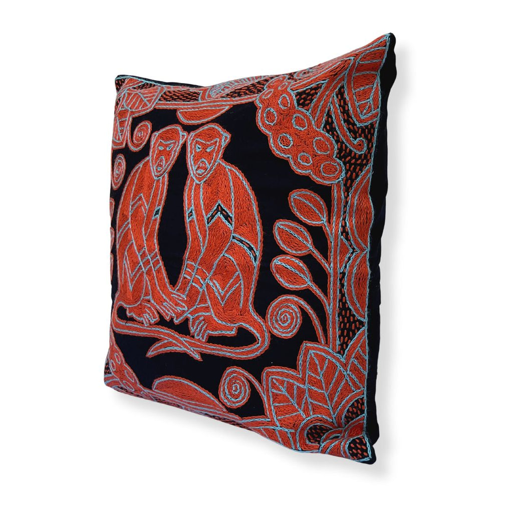 Valencia Monkeys in Bloom Hand-Embroidered Cushion Cover