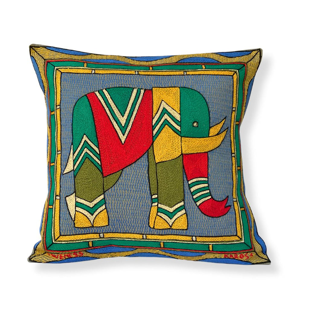 Viva Africa Elephant Bull Hand-Embroidered Cushion Cover