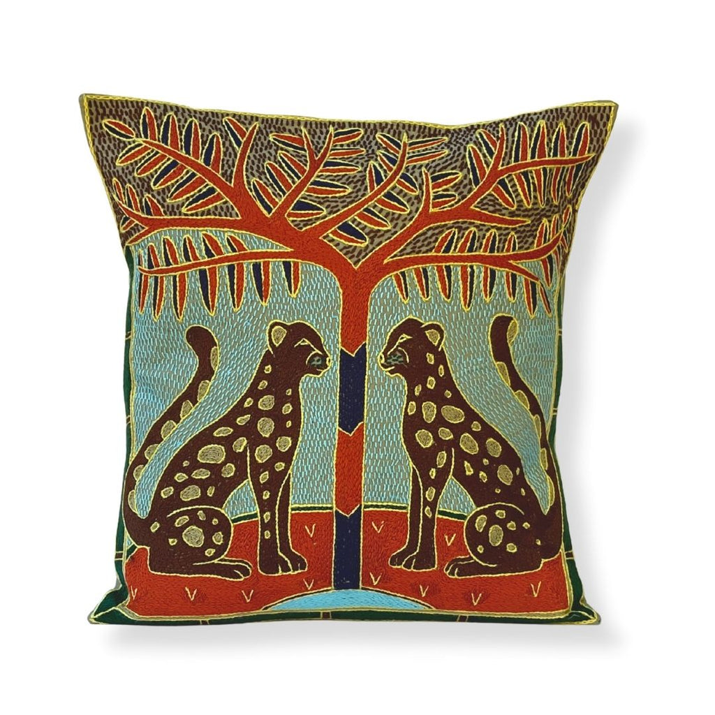 Mopani Moments Leopard Pair Hand-Embroidered Cushion Cover