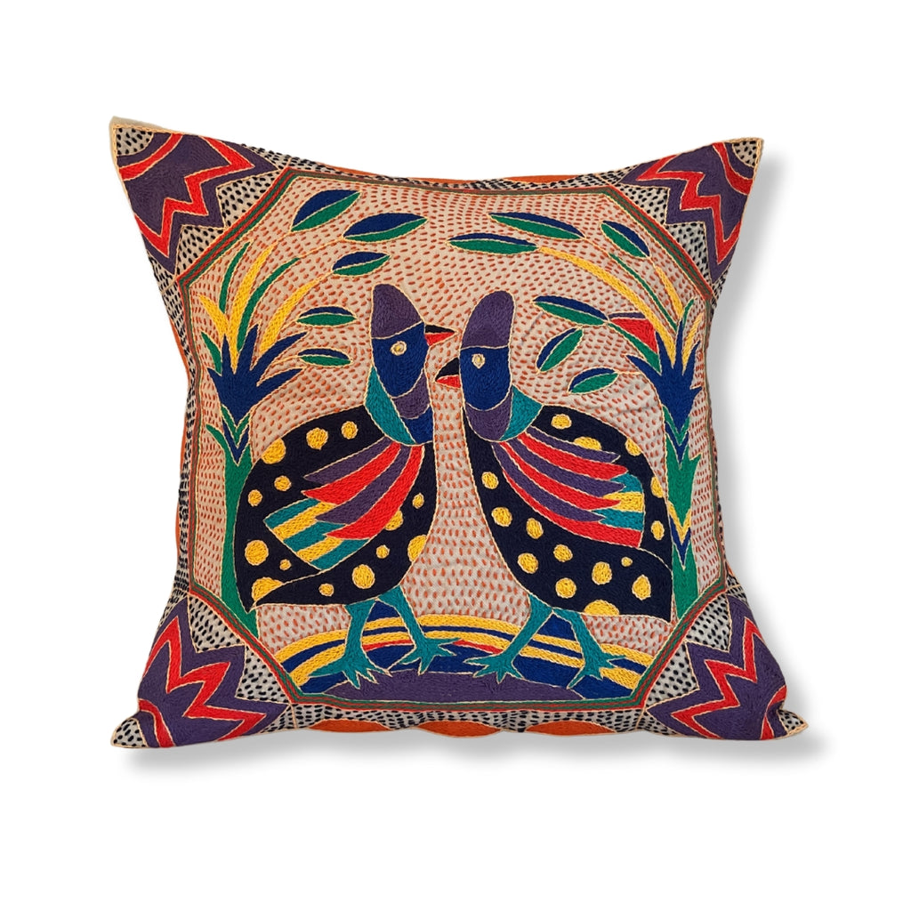 Happy Days Guineafowl Hand-Embroidered Cushion Cover
