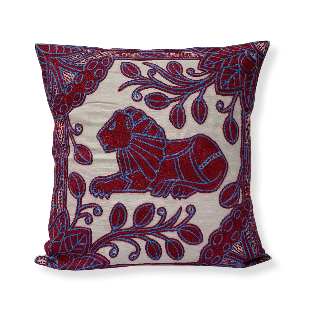 Turaco Lion in Bloom Hand-Embroidered Cushion Cover