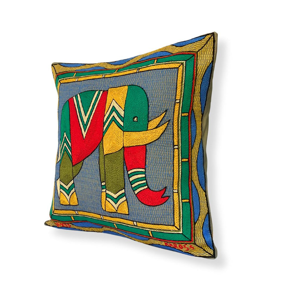 Viva Africa Elephant Bull Hand-Embroidered Cushion Cover