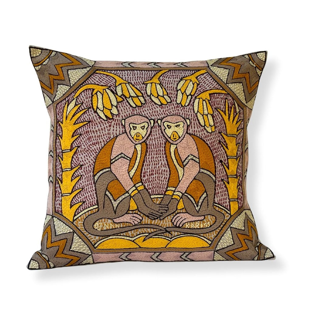 African Dawn Vervet Monkeys Hand-Embroidered Cushion Cover